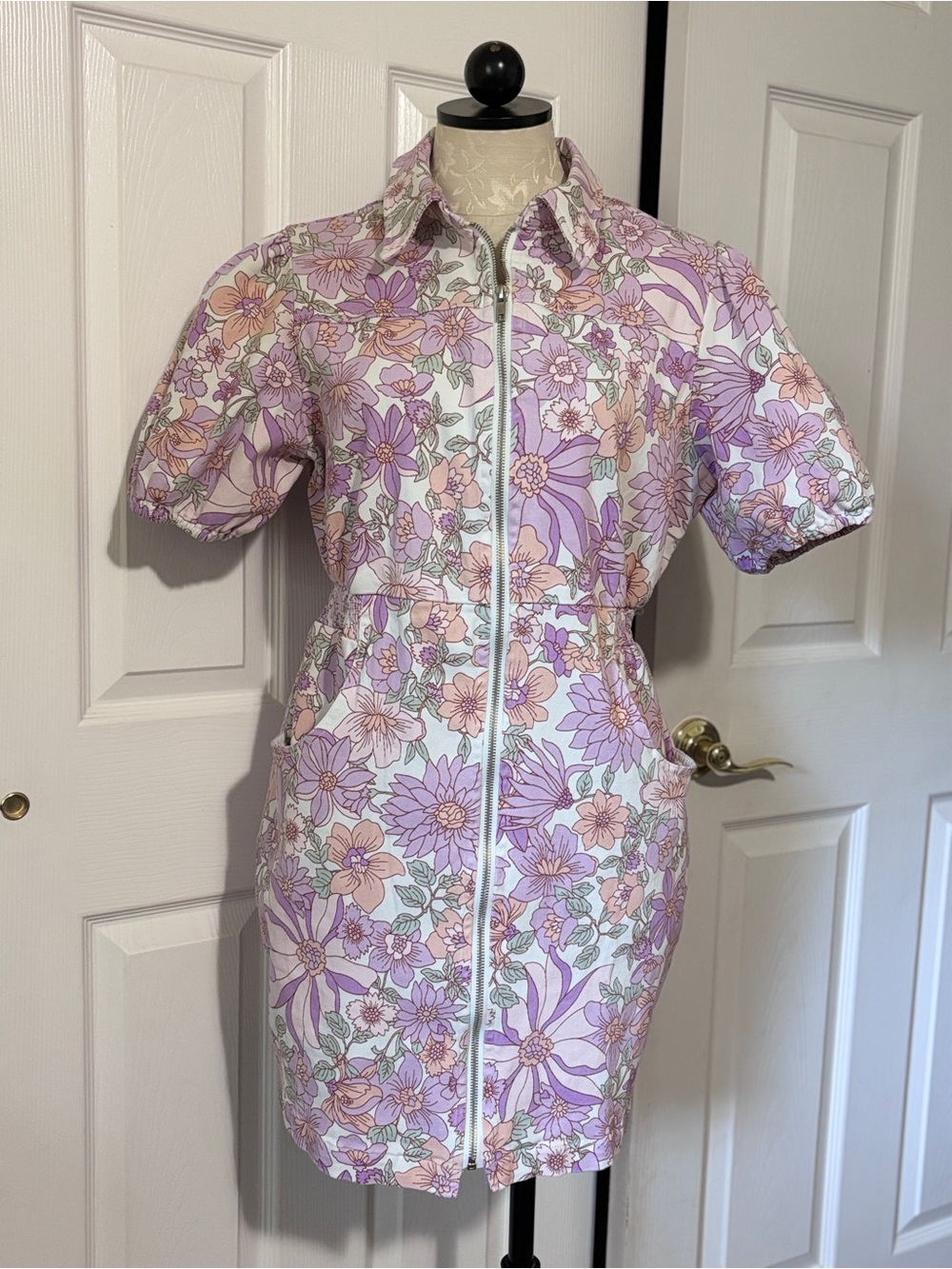 NWT Skies Are Blue Lavender Daisy Floral Denim Dress L Zip Front Puff Sleeve